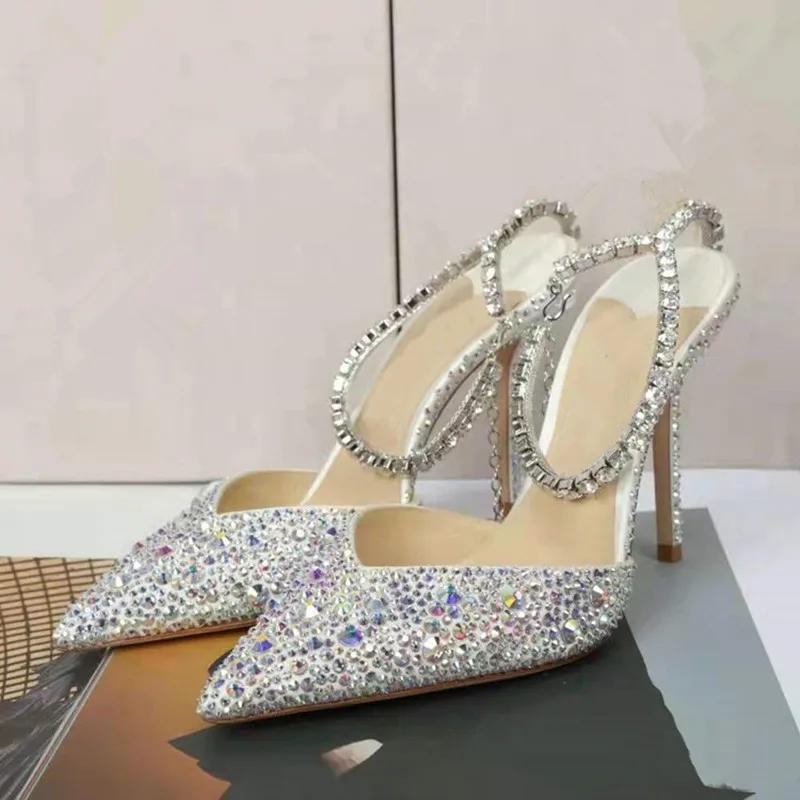 Fashion Luxury Rhinestones Sequined Ankle Strap Women Pumps Elegant Stiletto High Heels Sprin Summer Fashion Crystal Wedding Prom Shoes