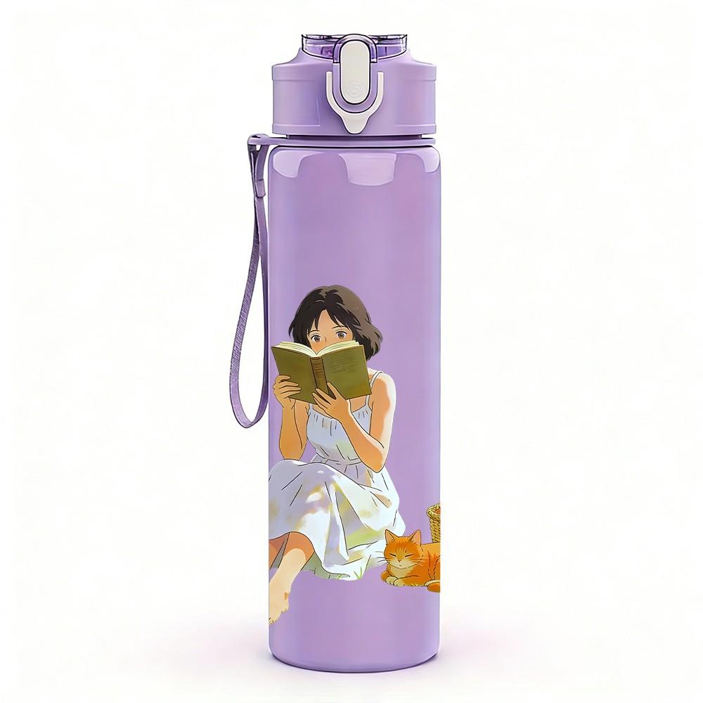 1PC Little Girl Fruit Basket Watercolor Print 750ml Color Plastic Sports Water Bottle Leakproof Flip Straw Lid Suitable for Sports Office Home Use