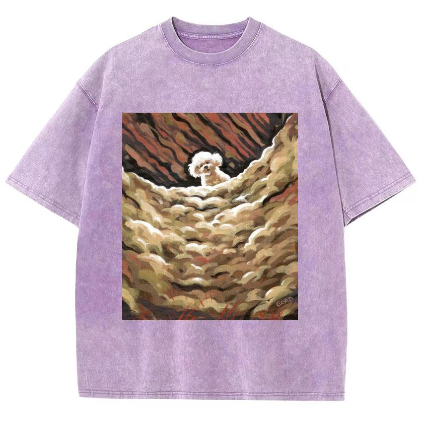 White Cartoon Teddy Dog Print Women T-Shirt Washed Denim Oversized Unisex Short Sleeve Cute Fashion Sweetheart Vintage Top