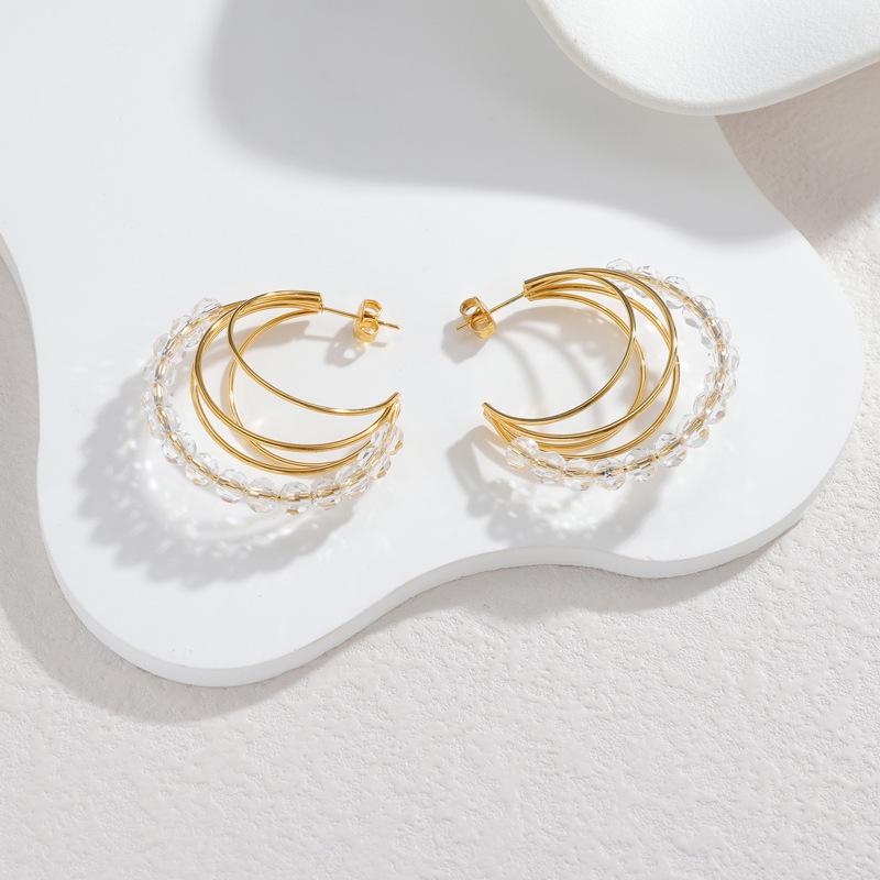 18k Gold Stainless Steel Geometric C-Shaped Beaded Earrings for Women - Elegant Fashion Jewelry