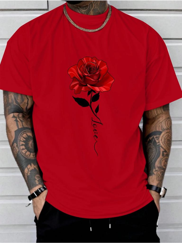 Men's Summer Fashion Casual Loose Fit Red Rose Print Crew Neck Short Sleeve T-Shirt