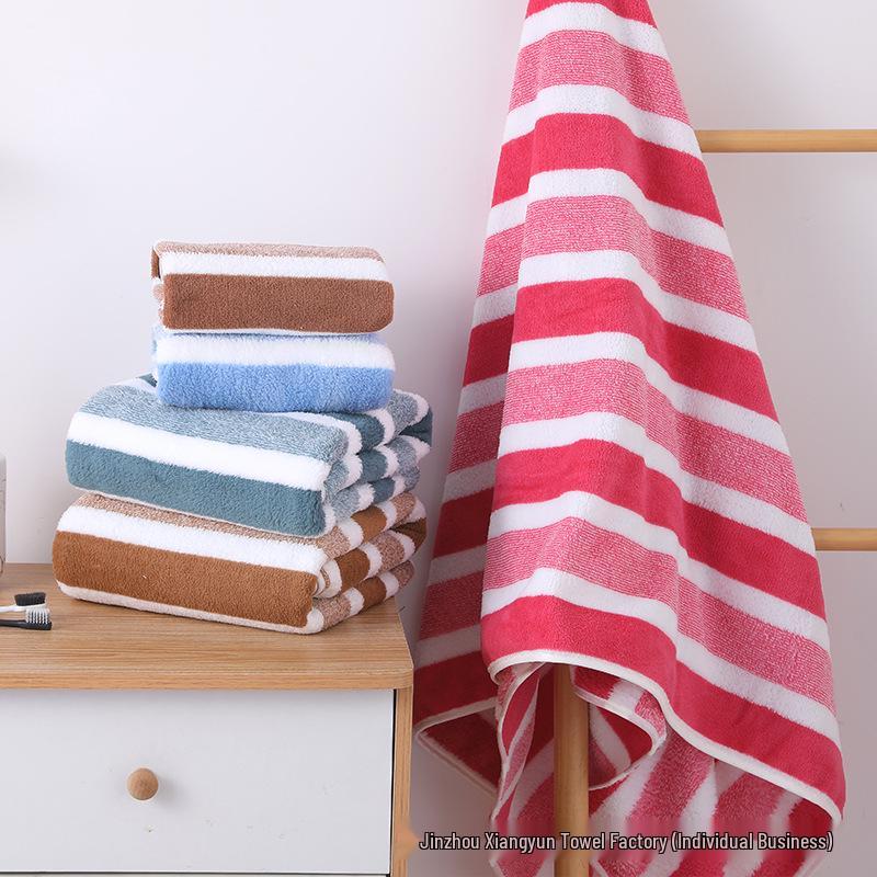 Coral Fleece Double-Sided Striped Bath Towel, Thick & Soft for Adults & Children
