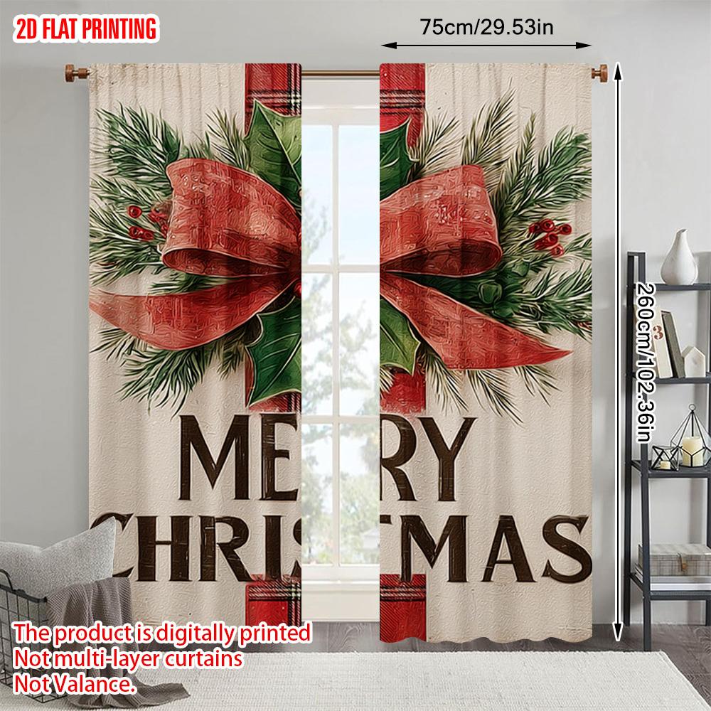 2pcs plane printing Popular Curtains Festive Pine_ Berries & Red Bow 100% Polyester (without rod) Decorations Outdoor for