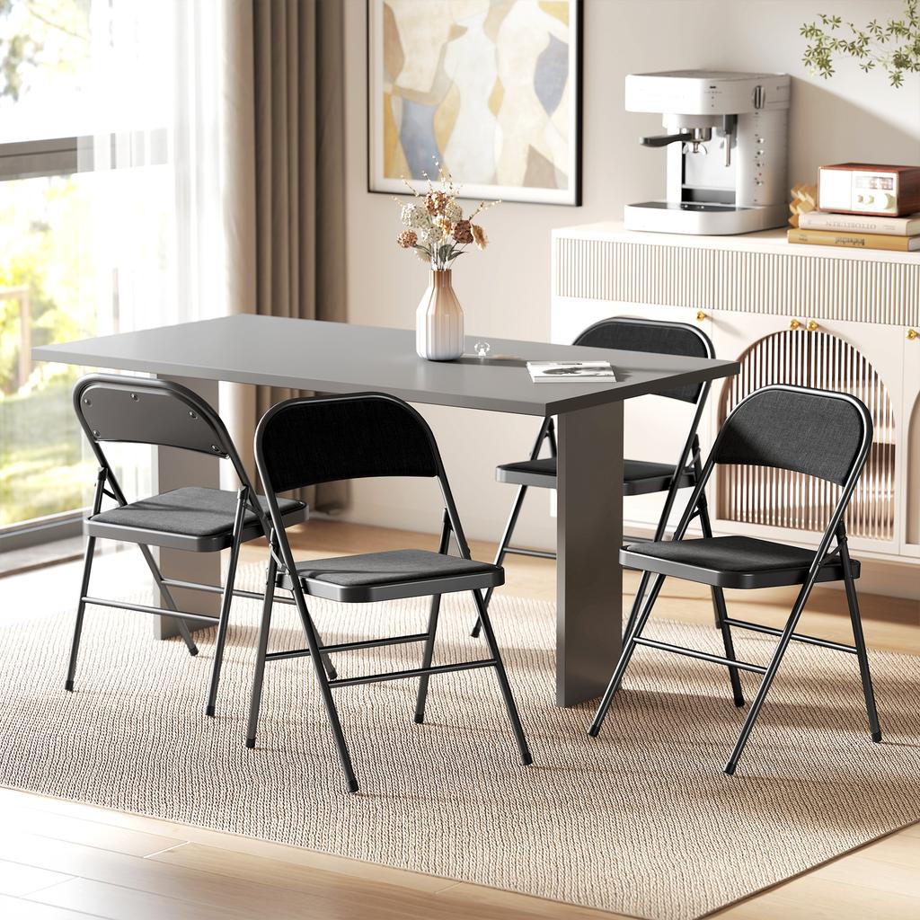 Linen-Look Set of Four Cushioned Folding Chairs - Black