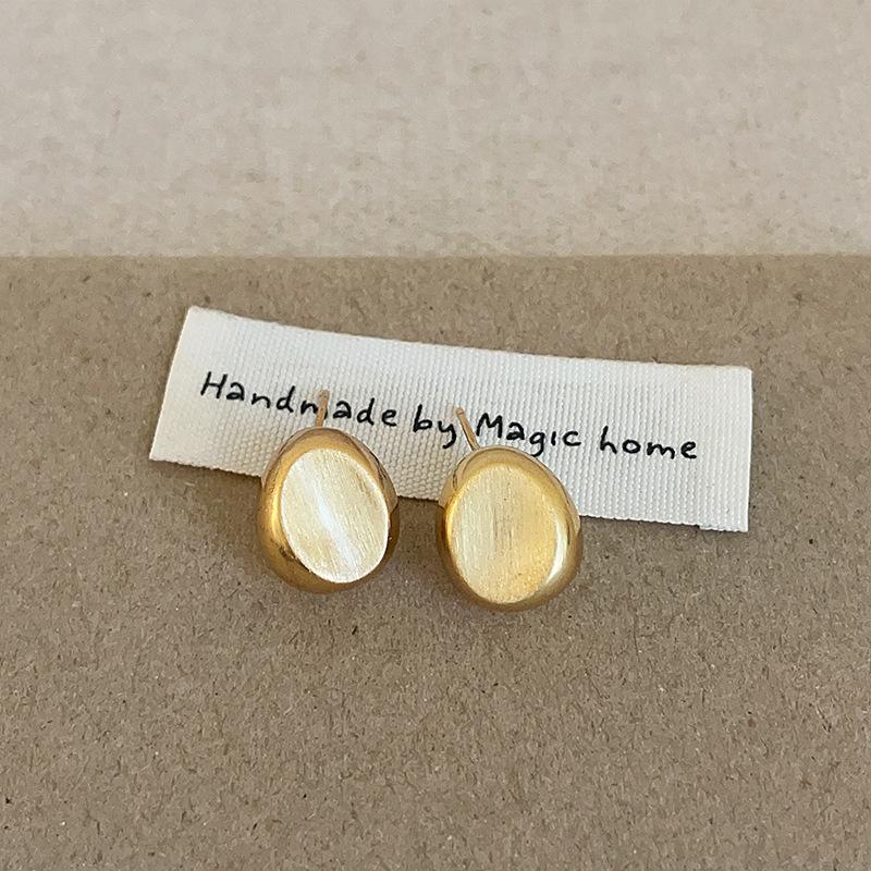 Geometric Round Brushed Metal Bean Stud Earrings Female Simplicity High Sense Personality Fashion Temperament Versatile Earrings