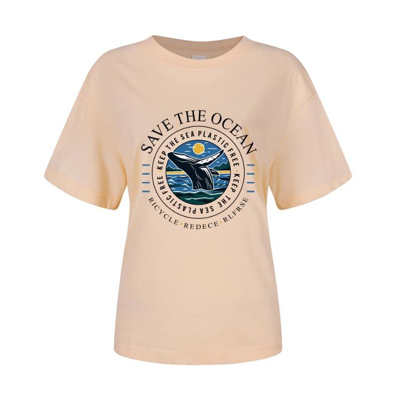 Spring Summer Whale Swimming Letter Pattern Printed Loose Fitting Cotton Short Sleeved Round Neck T-Shirts Women’s