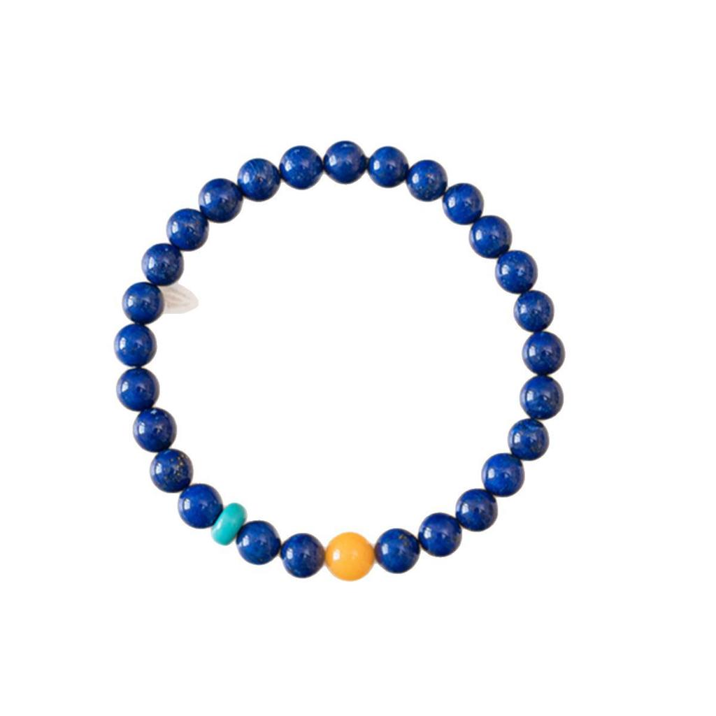 Cyan Blue Lapis Lazuli & Amber Beaded Bracelet