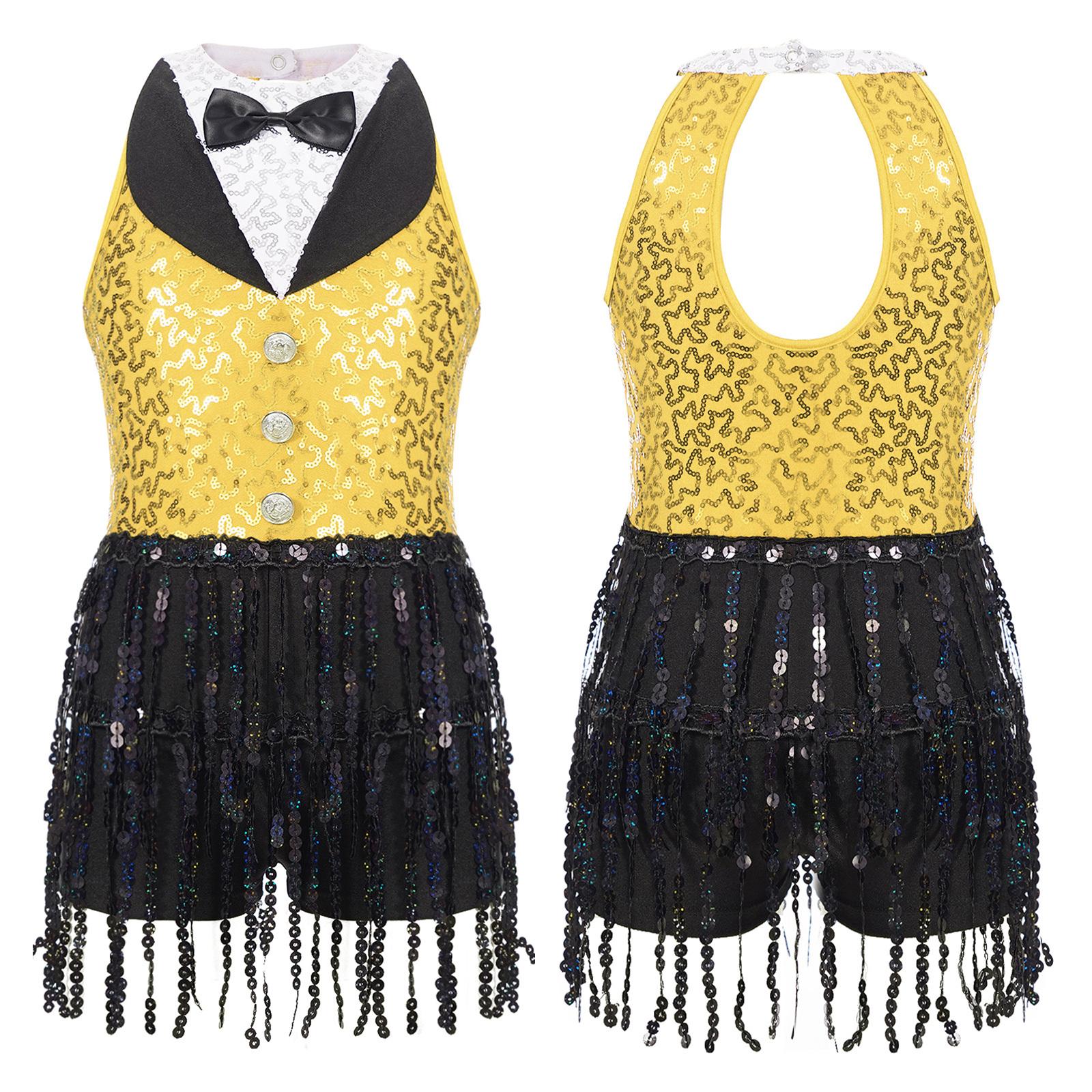 

Сукня для танців з паєтками та китицями без рукавів із вирізом на спині, шорти-бойшоти, костюм для латиноамериканських танців, джазу з блискучими деталями 15-16 Years жовтий