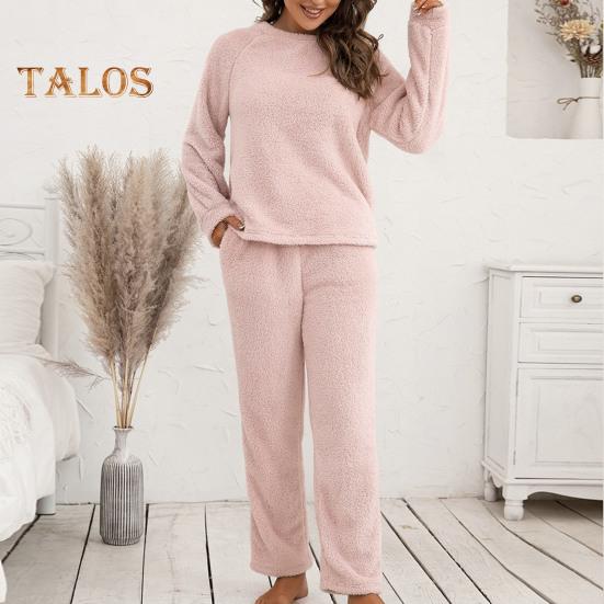 2 Pcs/Set Pajama Set Autumn Winter Casual Outfit Top Pants Set Round Neck Long Sleeve Top Elastic Waist Sport Tracksuit Daily Clothes Sleepwear