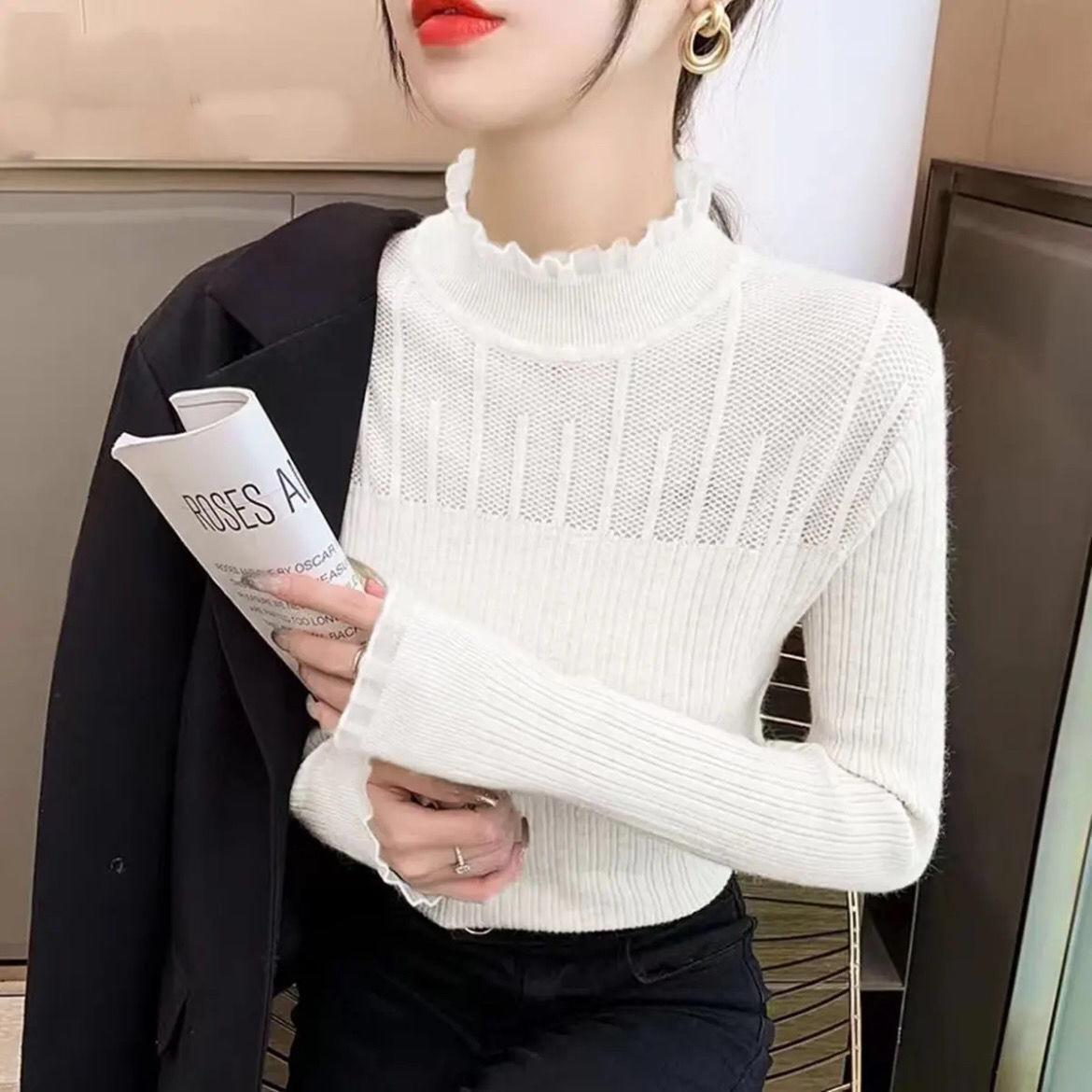 

Рубашка нижнего слоя для осенне-зимней женской одежды, облегающий трикотажный свитер с высоким воротником и кружевной отделкой M белый