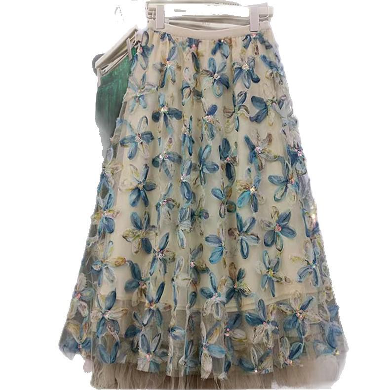 Women's French Romantic A-Line Mesh Skirt with 3D Flowers - Elastic Waist, Stunning Summer Design