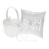7 * 7 Inches White Satin Bowknot Rhinestone Decorated Ring Bearer Pillow and Wedding Flower Girl Basket Set