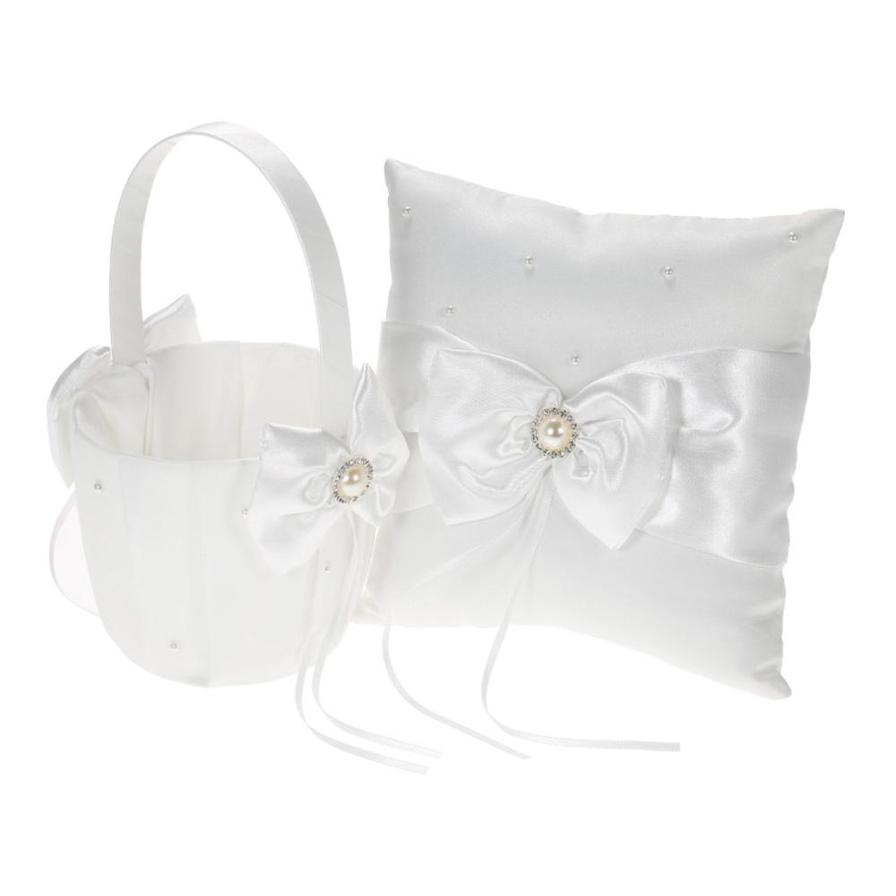 7 * 7 Inches White Satin Bowknot Rhinestone Decorated Ring Bearer Pillow and Wedding Flower Girl Basket Set
