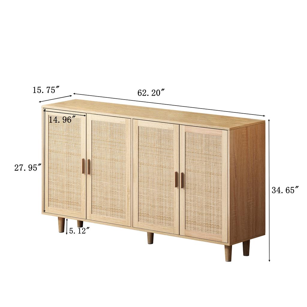 158CM Elegant and Functional 4-Door Rattan Decorative Storage Cabinet,for Bedroom,Living Room,Office