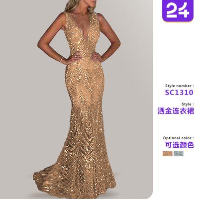 2026 Spring and Summer Cross-border New European and American Women's Clothing Amazon, Dress Sleeveless V-neck Long Dress Sprinkled Gold Perspective