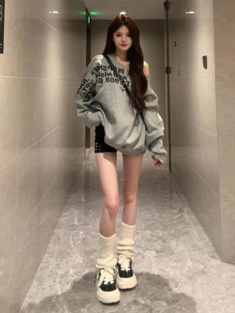 American lazy wind letter slanted shoulder sweater women's spring and autumn gray niche loose and thin sweet and spicy off-the-shoulder