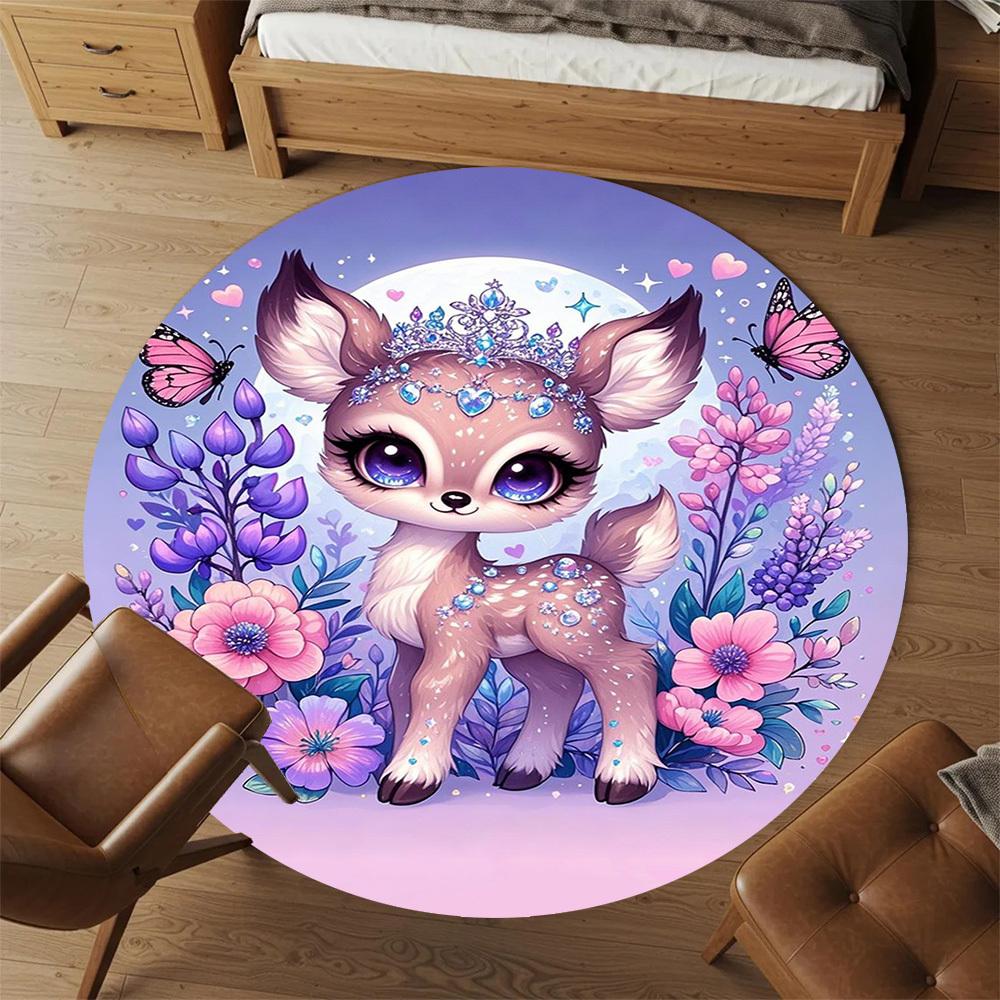 1PC Deer Flowers Fantasy Round Chair mat Area Rug - Non-Slip, Floor Mat for Office, Bedroom, home decor Christmas Gift c0528020