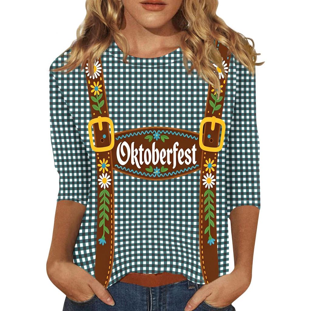 Women Casual Three Quarter Sleeve Oktoberfest Print Round Neck Top Lightweight Soft Fabric Festival Shirt