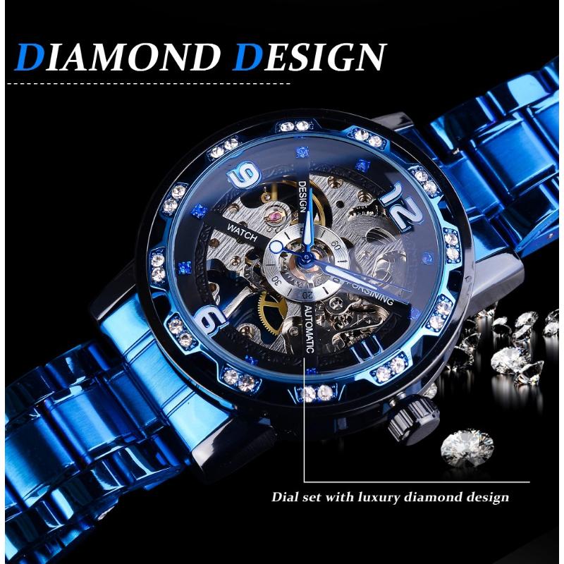 Forsining Montres Mode Homme Casual Classique Pop Ajouré Strass Montre Mécanique Manuelle