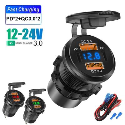 4-Port USB Schnellladegerät mit LED-Voltmeter Dual PD und Dual QC3.0 Schnellladeadapter Wasserdicht für Auto Boot und Motorrad 12/24V