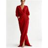 Dames V-hals Wikkel Maxi Jurk Vleermuis Lange Mouw Taille Twist Geplooid Split Zoom Zijzakken Elegante Satijnen Gevoel Avondjurk