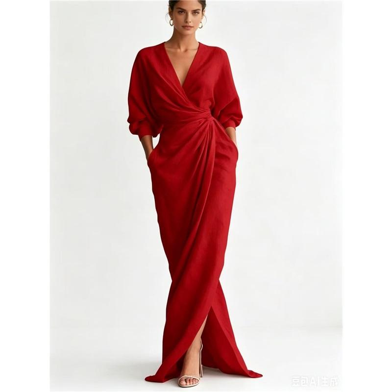 Dames V-hals Wikkel Maxi Jurk Vleermuis Lange Mouw Taille Twist Geplooid Split Zoom Zijzakken Elegante Satijnen Gevoel Avondjurk