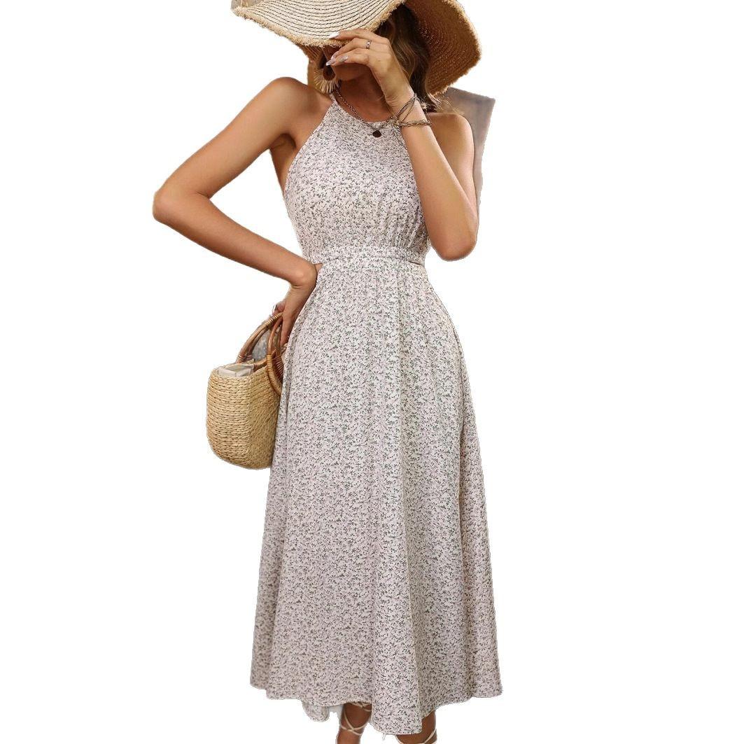 Women s Sleeveless Long Floral Print Dress with Hollow Out Waist and Front Slit, Multiple Colors, Vintage Resort Style S белый