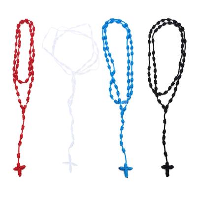 Handmade Knotted Crossing Pendant Rosary Bead Necklace Portable Cotton Thread Religious Jewelry Accessory for Daily Use