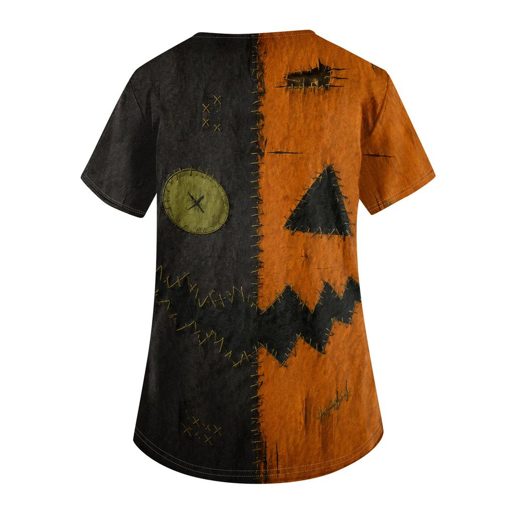 Women V Neck Halloween Print Short Sleeve Medical Scrub Top with Pocket Side Slit Workwear Uniform Shirt for Healthcare Professionals