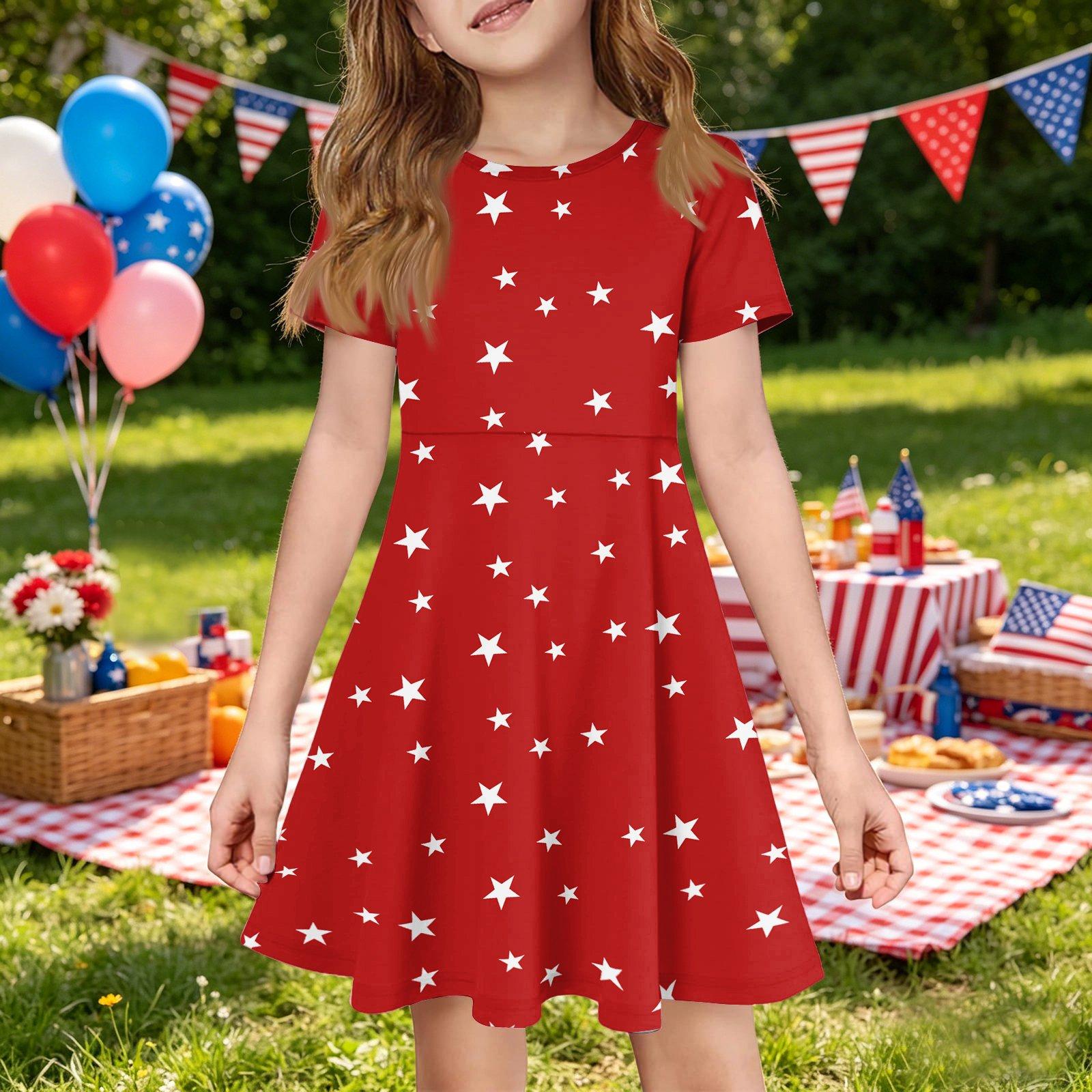 

Girls Short Sleeve Dress with Pocket Independence Day Floral Print Casual Summer Dress for Kids Comfortable Fit 160 винний