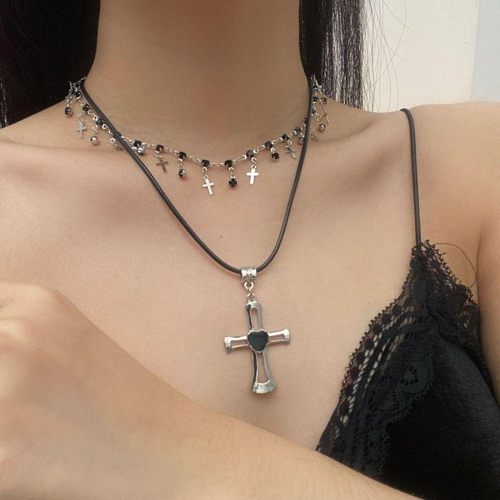 Heart Cross Pendant Choker Necklace Gothic Neck Jewelry Creative Double Layer Necklace  Girls