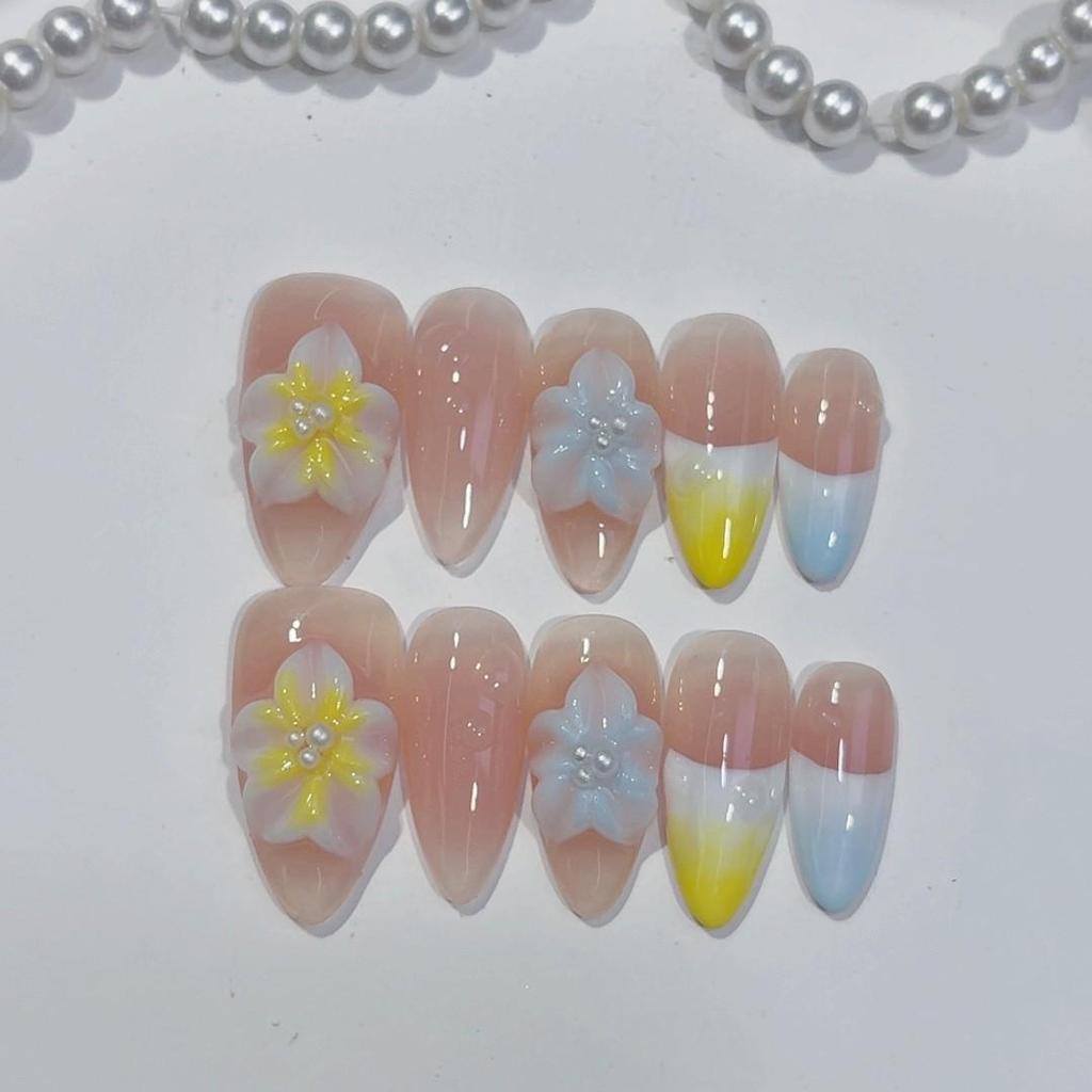 Handmade Gradient Green Bow Knot Press-On Nails - Fresh Spring/Summer Style