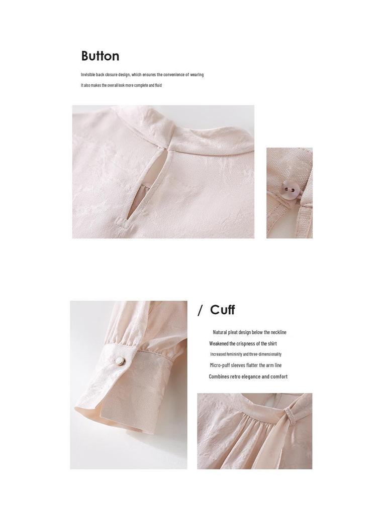 Camicia da donna a maniche lunghe in seta di gelso 19 momme, design a nastro jacquard, stile lusso leggero francese, nuovo arrivo Primavera/Estate.