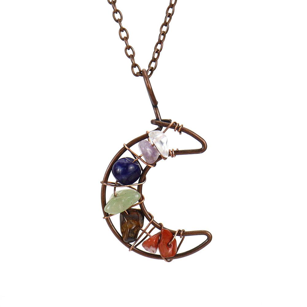 Vintage Handmade Wire-Wrapped Amethyst Moon Pendant Necklace with Colorful Crushed Stone Beads