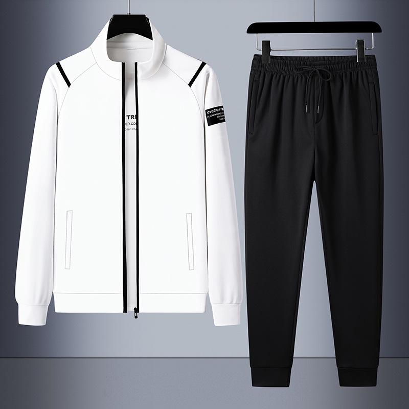 Men's Trendy Stand-Collar Sportswear: Three-Piece Set with Jacket, Long Sleeve Sweatshirt, and Pants for Autumn and Spring. Plus Size Available.