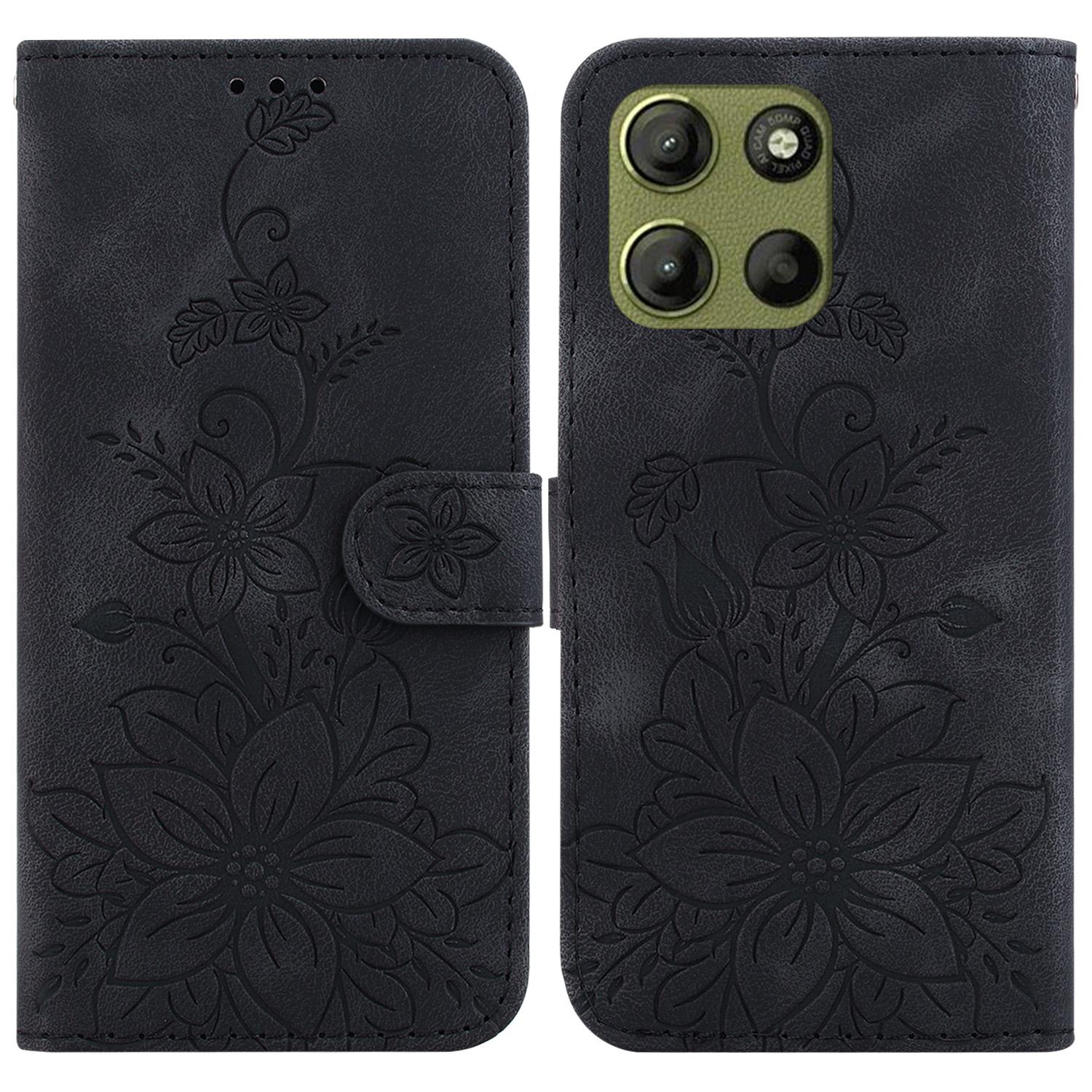

For Motorola Moto G15 4G Case Lily Flower Imprint Leather Phone Cover with Stand Black