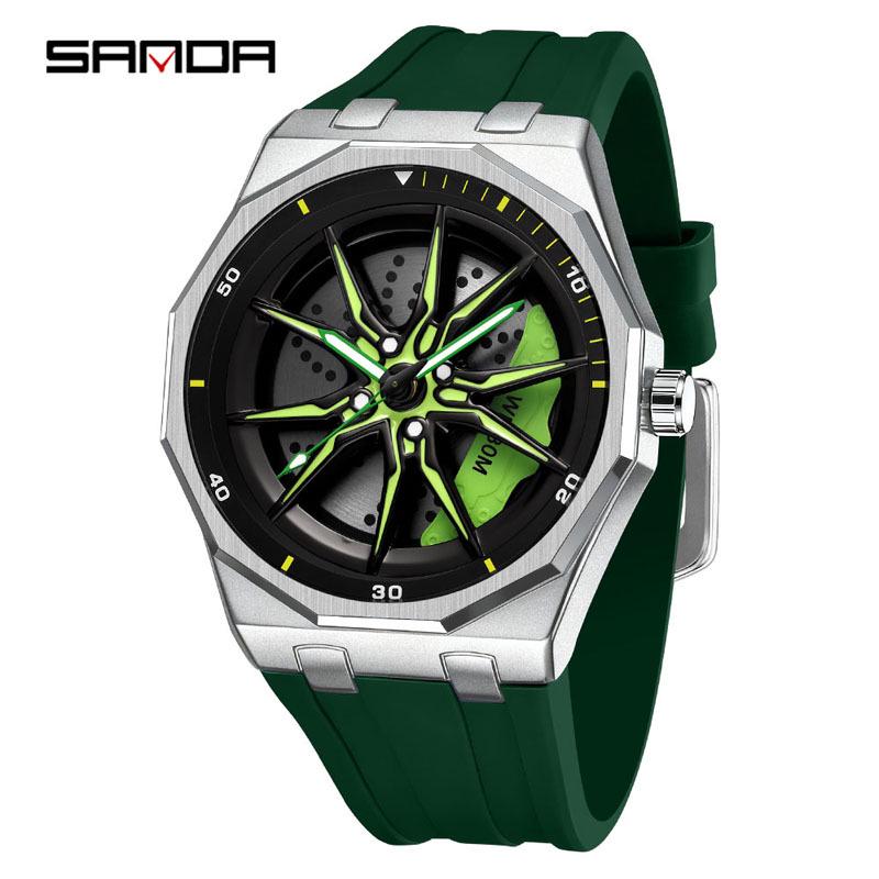 Sanda Men's Waterproof Alloy Car Wheel Design Silicone Wristwatch