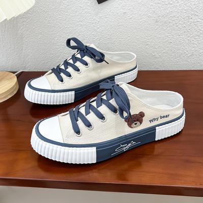 Spring Women Cute Bear Canvas Shoes New Flat Casual All-match Half Slippers Korean Version Trend Lace Up Ladies Vulcanized Shoes