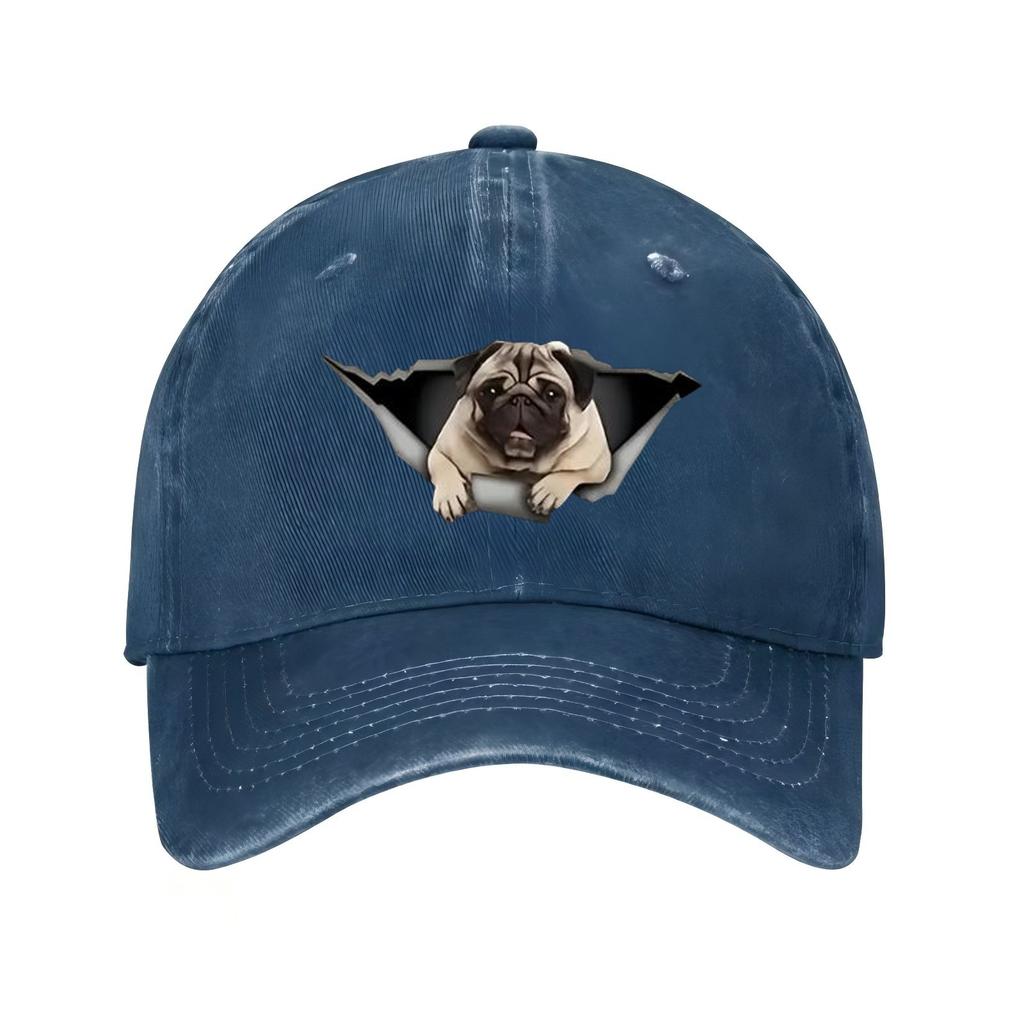 Pug Dog Peeking Out Distressed Baseball Cap Cotton Adjustable Outdoor Casual Hat for Unisex Adults