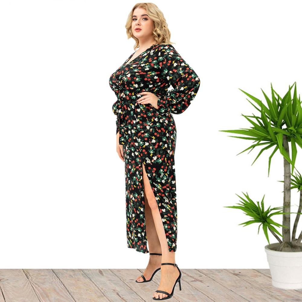 Plus Size Xl -5xl New Fashion   Summer Women Long Sleeved Floral Split Dress Black Dresses Mother Clothes