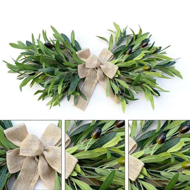 Artificial Olive Wreath Door Hanging Decor With Burlap Bow 60cm Farmhouse Style Floral Wall Ornament Home Entryway