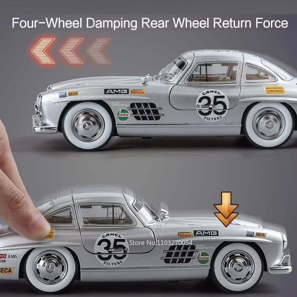 1/24 Scale BENZ 300SL Toys Cars Alloy Diecast Model 4 Doors Opened Front Wheel Steering Sound Light Vehices for Children's Gift