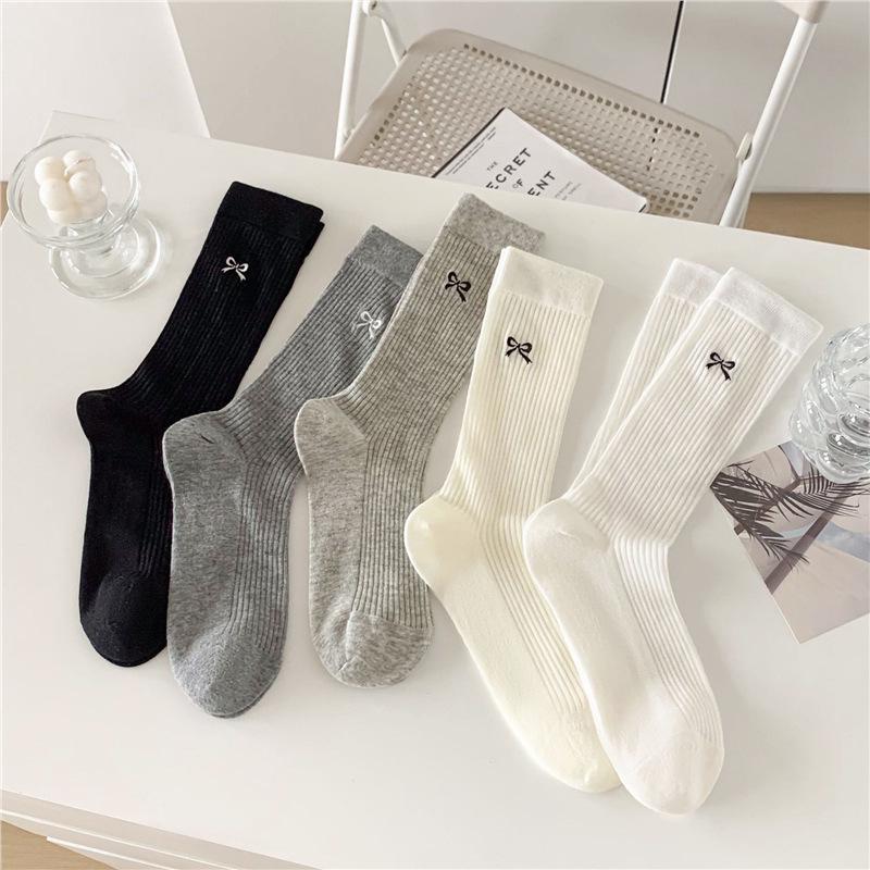 Women's Bow Mid-Calf Mesh Socks - Breathable Solid Color for Spring & Autumn
