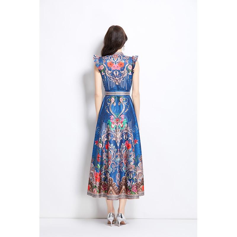 Summer Women Vintage Palace Print Designer Runway Dress V-neck Single Breasted Long Maxi Holiday Beach Boho Dresses with Belt