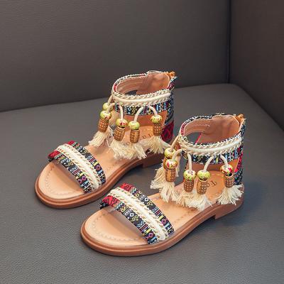 Children's Roman Shoes, Girls' Sandals, Summer Korean Edition, Middle and Large Children's Soft Bottom, Ethnic Style, Retro, Student Shoes