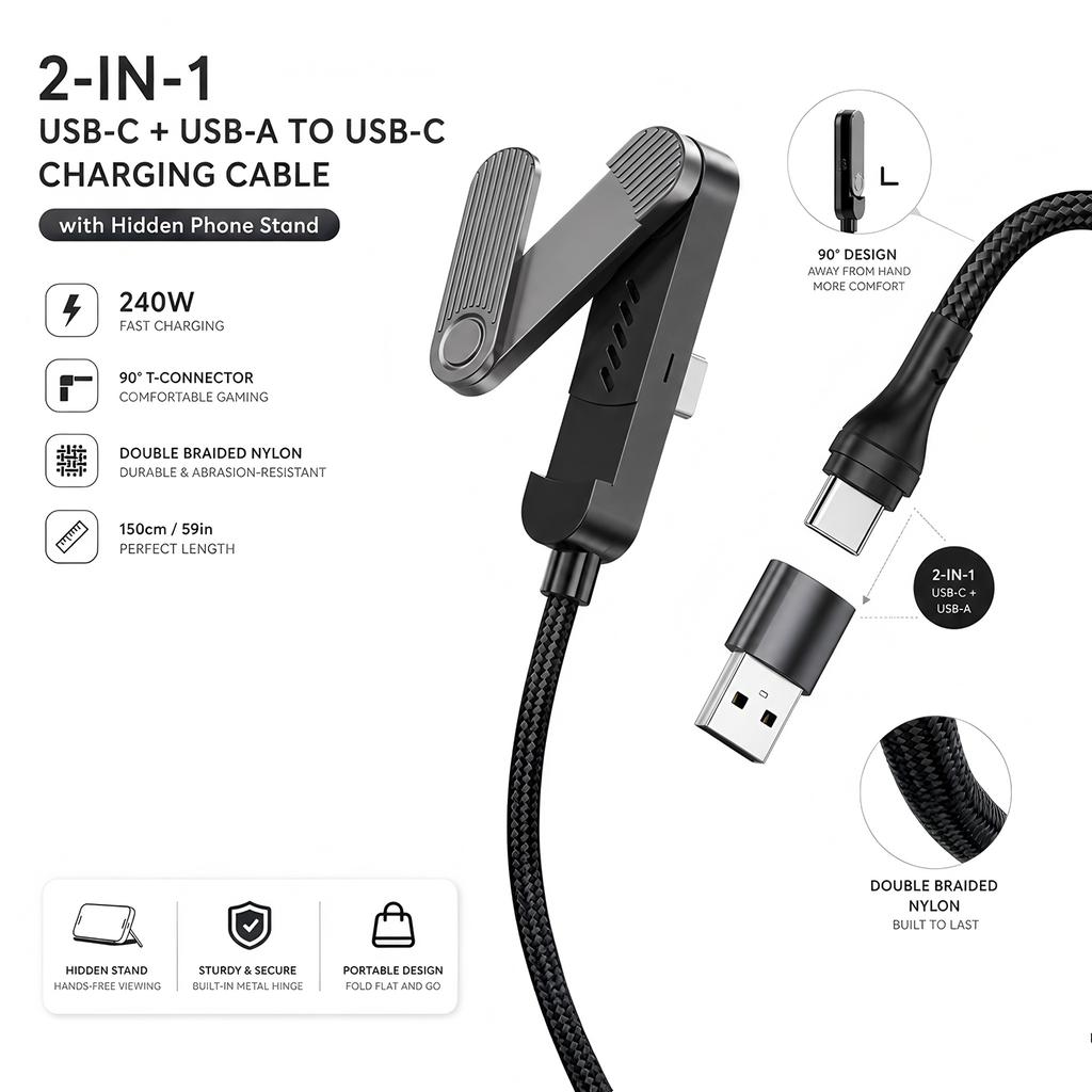 111W 1 in 1 USB A/Type C Fast Charging Cable With Foldable Phone Holder Type-C Quick Charge Data Wire For IPhone11 16 17 Samsung