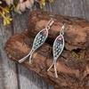 Vintage Oval Inlaid Green Stone Fish Animal Earrings Geometric Creativity Silver Color Dangle Earrings for Women Jewelry