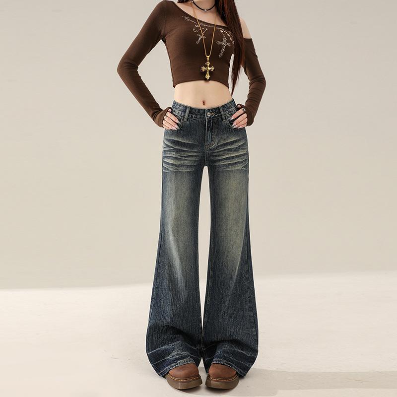 American Spice Girl low-rise slightly pulled jeans women's spring and autumn new bamboo joint pattern loose and thin horn pants