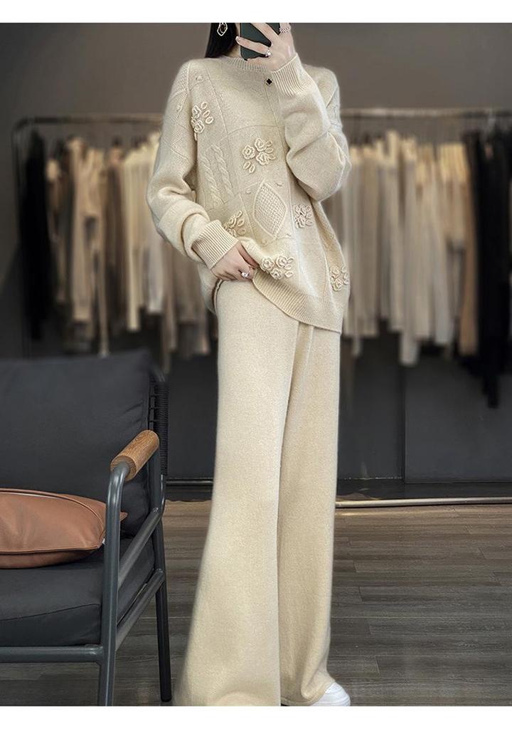 Women's Autumn Winter Wool Crochet Sweater - Casual Embroidered Round Neck Loose Knitwear
