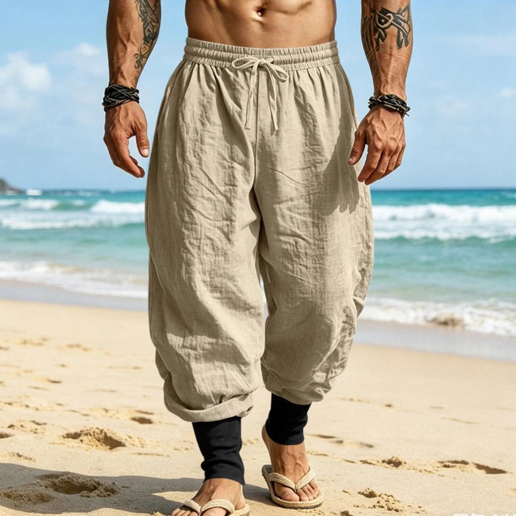 Men Linen Jogger Pants Loose Fit Drawstring Waist Breathable Tapered Leg Cuffed Hem Casual Beach Holiday Trousers